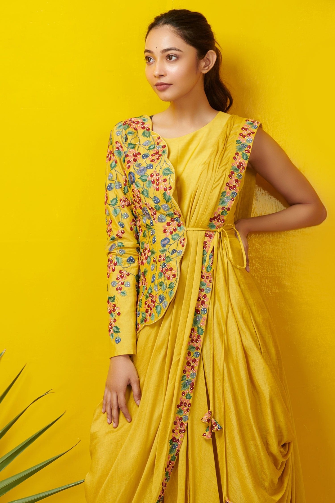 Yellow Silk Cotton Cowl Draped Dress With Embroidered Jacket