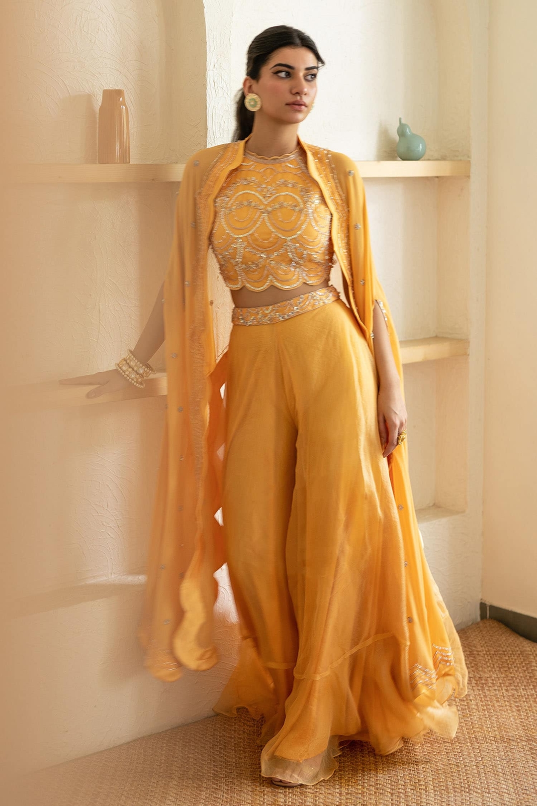 Yellow Silk Organza Embroidery Cape Open Crop Top Round And Gharara Set