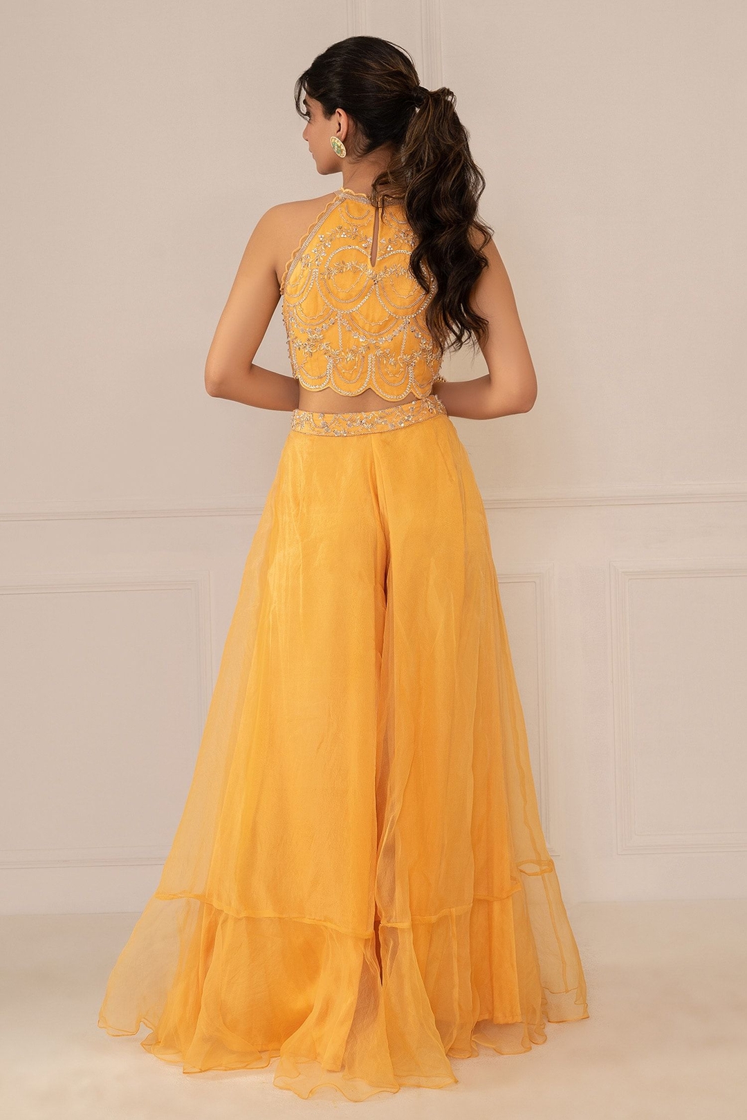 Yellow Silk Organza Embroidery Cape Open Crop Top Round And Gharara Set