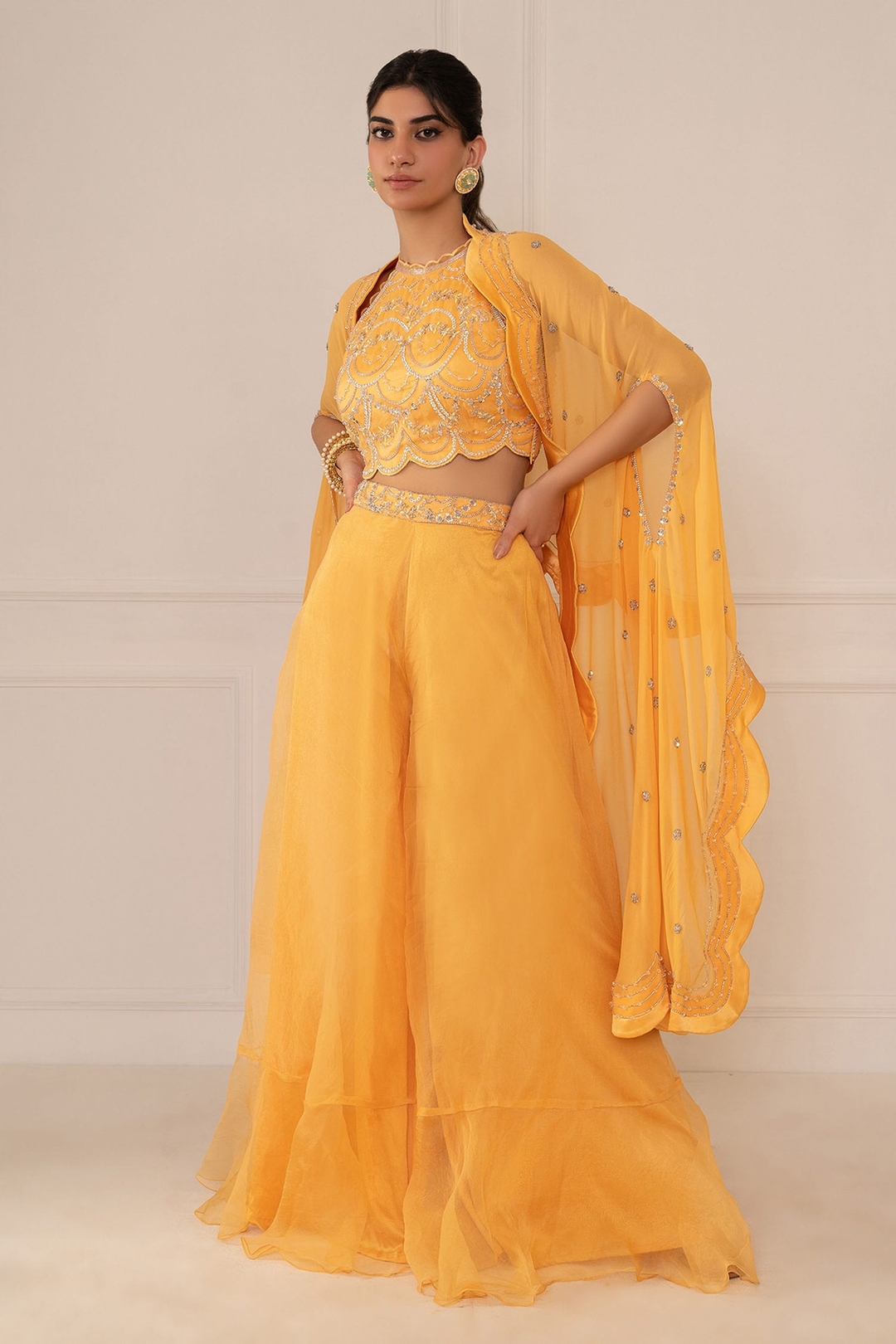 Yellow Silk Organza Embroidery Cape Open Crop Top Round And Gharara Set