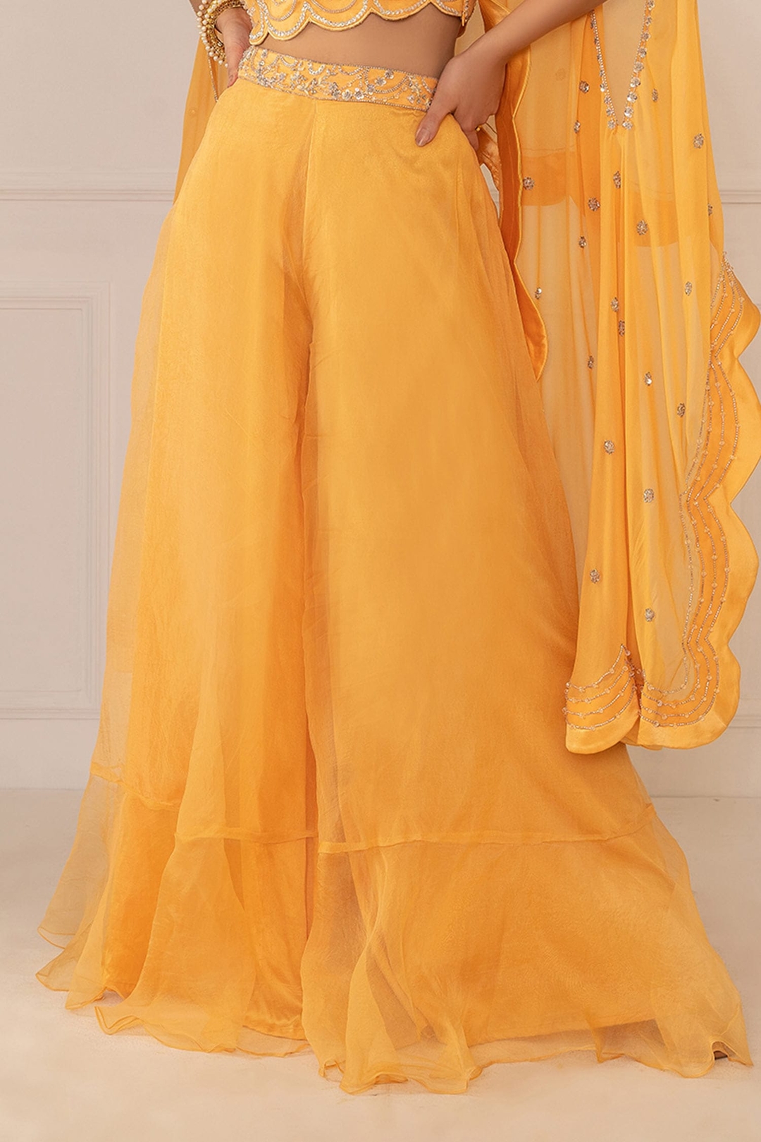 Yellow Silk Organza Embroidery Cape Open Crop Top Round And Gharara Set