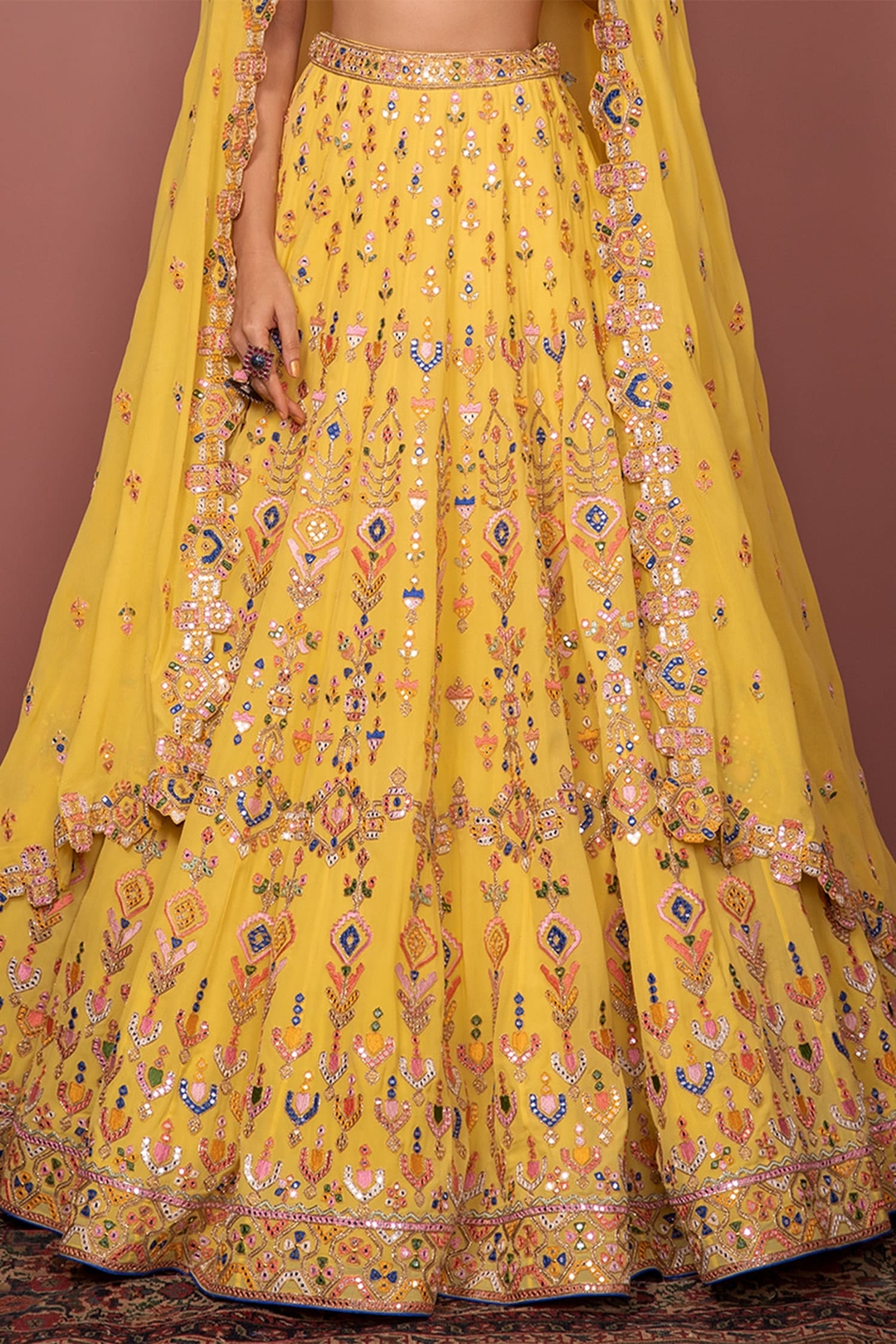 Yellow Georgette Embroidery Sweetheart Neck Bridal Lehenga Set
