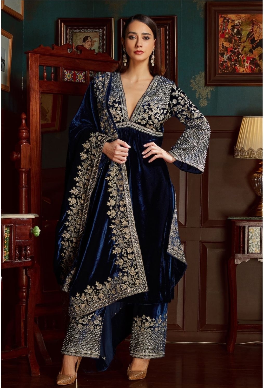 Blue Velvet Lining Shantoon Embroidery Aari Work And Sequin V Kurta Palazzo Set