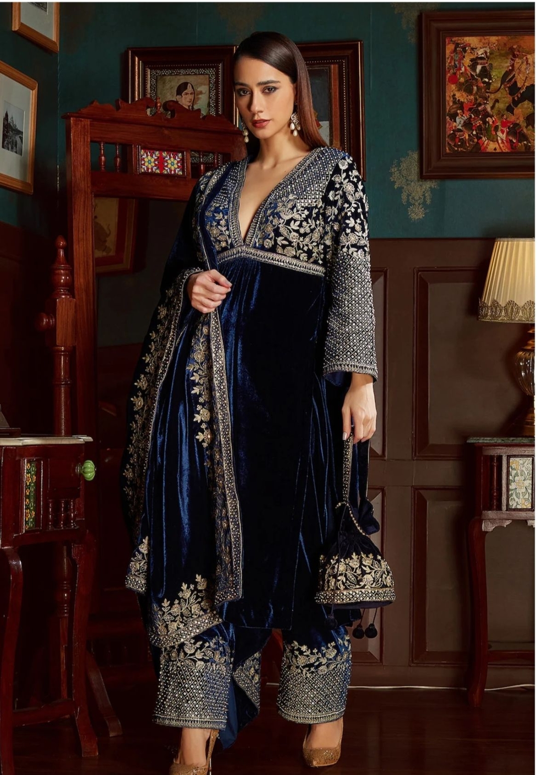 Blue Velvet Lining Shantoon Embroidery Aari Work And Sequin V Kurta Palazzo Set