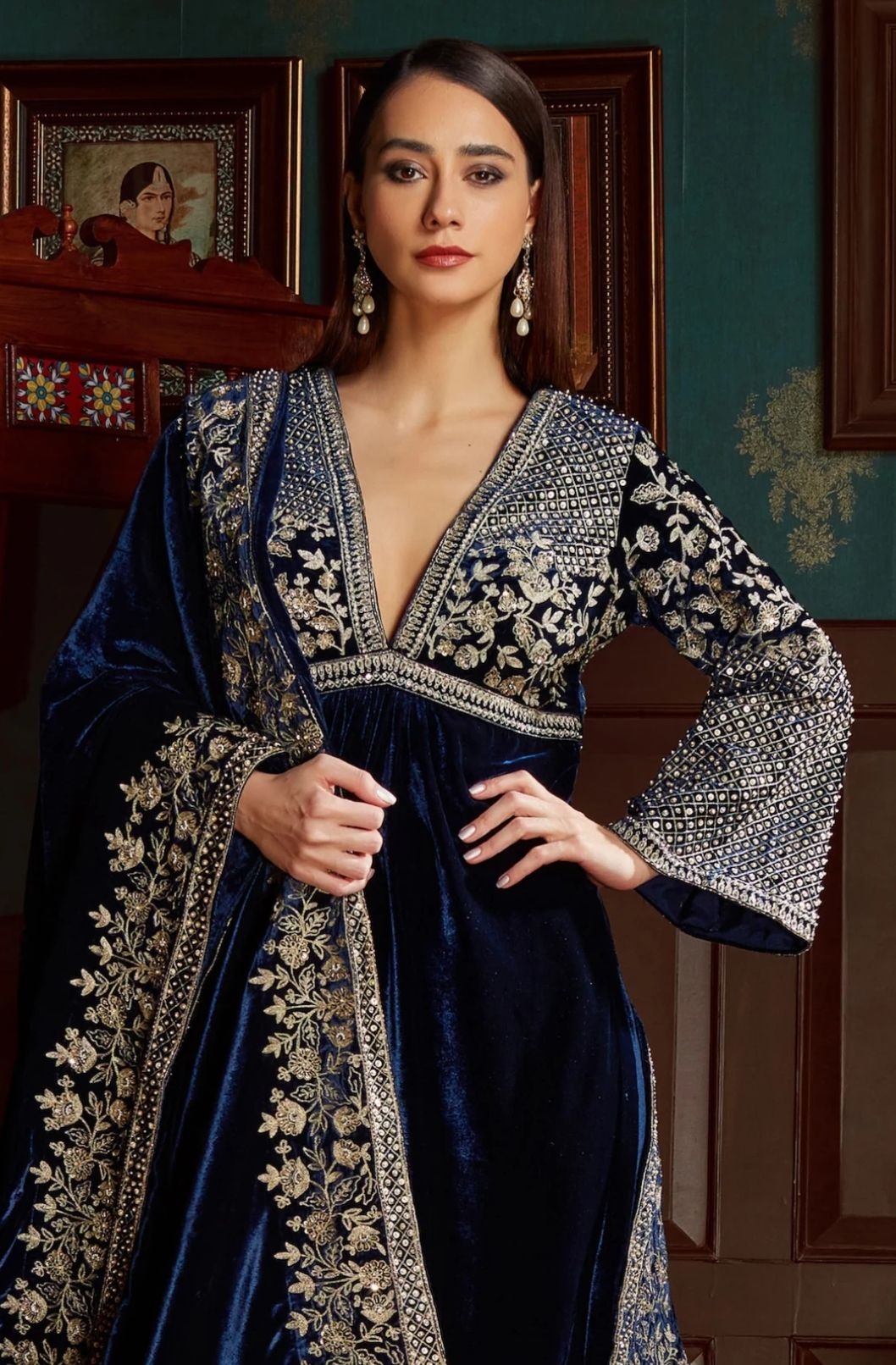 Blue Velvet Lining Shantoon Embroidery Aari Work And Sequin V Kurta Palazzo Set