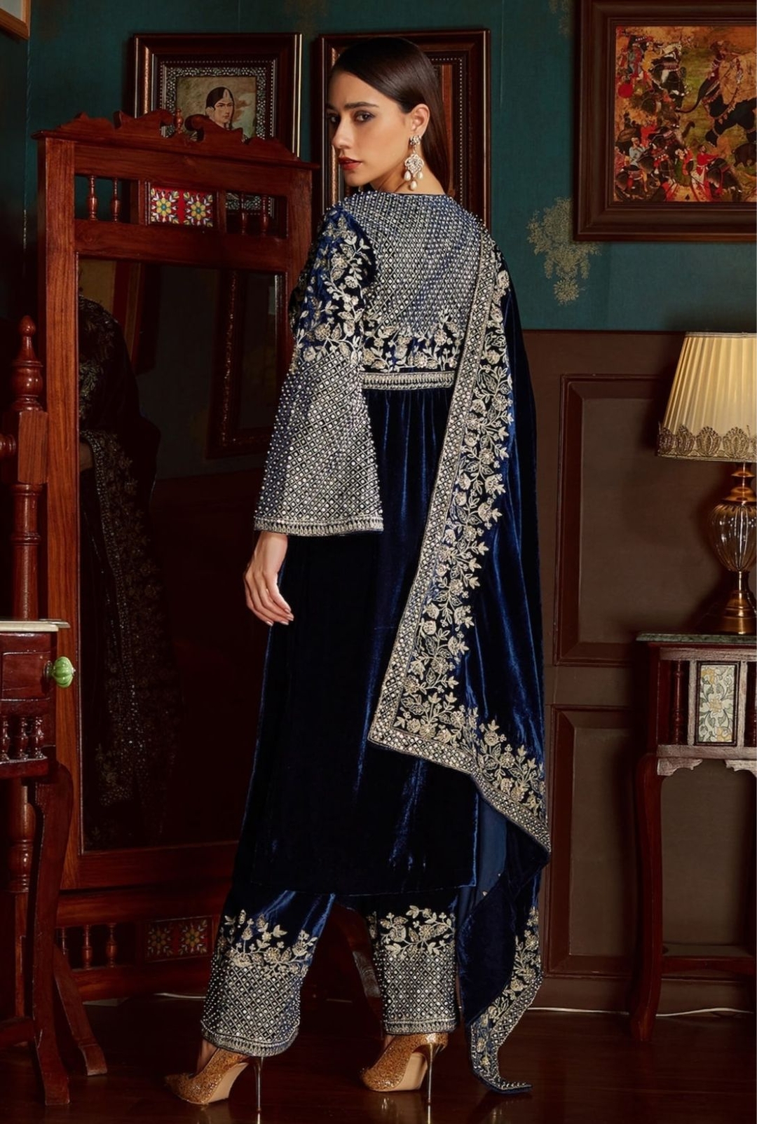 Blue Velvet Lining Shantoon Embroidery Aari Work And Sequin V Kurta Palazzo Set