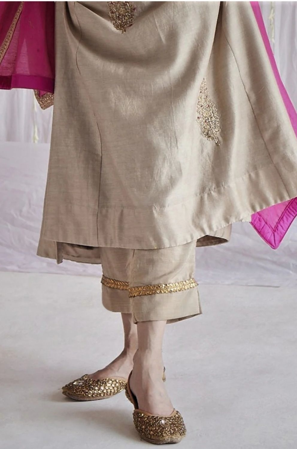 Beige Kurta Chanderi Embroidered Floral Motifs V Tannu And Pant Set