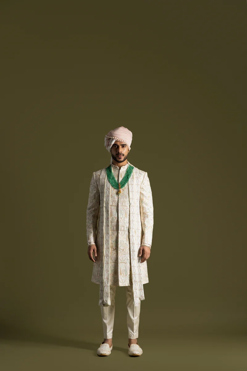 CREAM VRINDAVAN INSPIRED SHERWANI SET