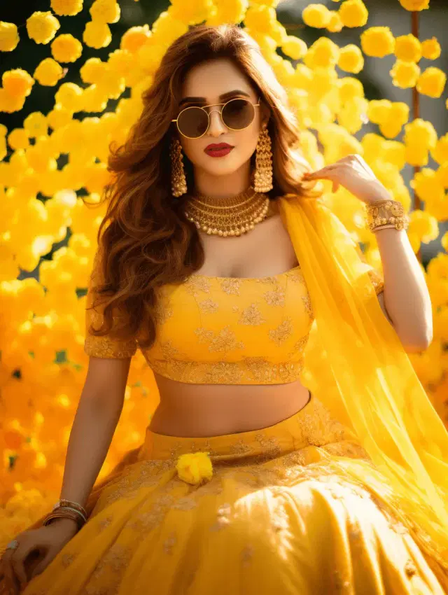 Women in Haldi attire with sunset hues